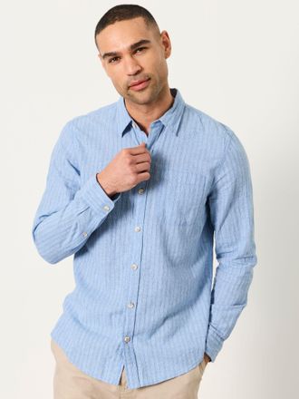 Fat Face FatFace Bright Blue Stripe Long Sleeve Linen Cotton Bugle Shirt