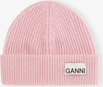 Ganni Pink Light Fitted Rib Knit Wool Beanie