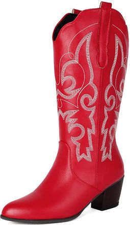 Generic Womens Western Cowboy Knee-High Boots with Rhinestone Embroidery Pointed Toe Low Block Heels PU Leather Comfortable Anti-Slip Wear-Resistant for Daily