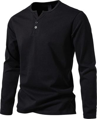 Generic Mens Button Henley Shirts Long Sleeve Round Sleeve Soft Casual Tops Gym Running Sports Tee Regular Fit Solid Color (Black, 5XL)