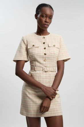 Karen Millen Womens Tailored Check Belted Mini Dress - White - Size 16 UK