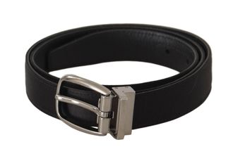 Dolce & Gabbana Black Calf Leather Silver Logo Metal Buckle Mens Belt