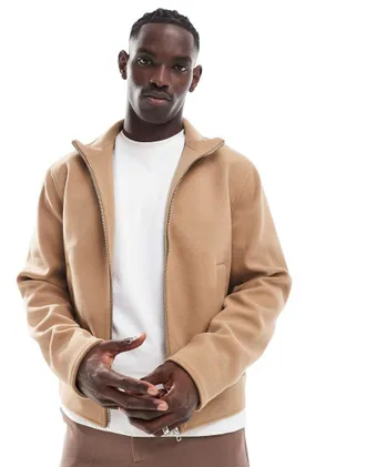 Asos wool look harrington jacket with funnel neck in camel-Neutral