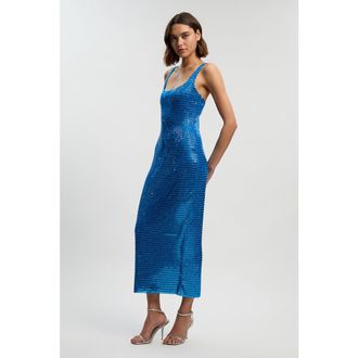 Karen Millen Crystal Embellished Jersey Midi Dress in Blue at Nordstrom, Size Large