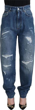 Dolce & Gabbana Blauwe Gewassen Katoenen Tattered Denim Jeans - Dames - Loose Fit Jeans - Blauw - S - Katoen - Jeans