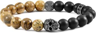 Crucible Jewelry Single Skull Stretch Bracelet with 10mm Matte Black Onyx and Picture Jasper Beads