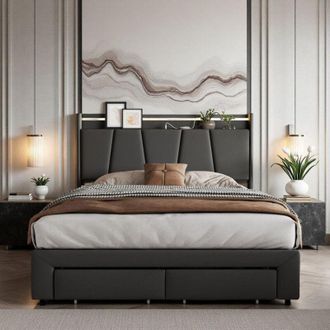 OEM Cama Doble 160x200 - Tejido Lino Gris - Cofre Hidr&aacute;ulico - Led Multicolor - 2 Cajones De Almacenamiento