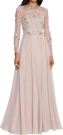 Xscape Mason Beaded Long Sleeve Chiffon Gown -Plus In Taupe / Blush