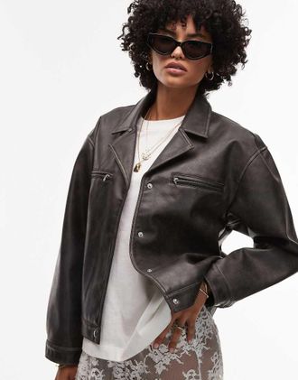 Topshop faux leather cropped button down jacket in washed black