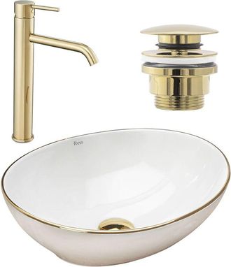 Rea Rea - Set Lavabo Sobre Encimera Sofia Gold Edge + Grifo De Ba&ntilde;o Lungo Gold + Tap&oacute;n Gold