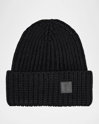 Saint Laurent Men & apos;s Ribbed Wool YSL-Patch Beanie Hat