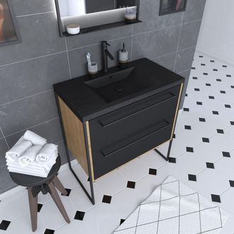 Aurlane Mueble Ba&ntilde;o 80x50 Cm Roble Oscuro - 2 Cajones Negros - Lavabo Negro
