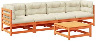 vidaXL Set De Sof&aacute;s Jard&iacute;n 5 Pzas Con Cojines Madera Pino Marr&oacute;n Cera Vidaxl