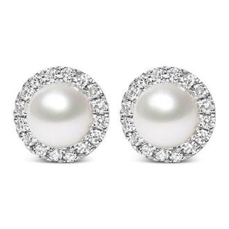 House of Brilliance 10K White Gold Pearl & 1/7 Cttw Diamond Halo Stud Earring at Nordstrom