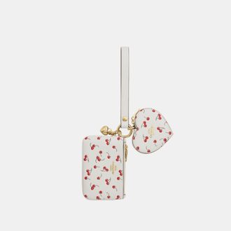Coach Womens Wristlet And Heart Pouch With Cherry Print And Charm - White Leather - One Size