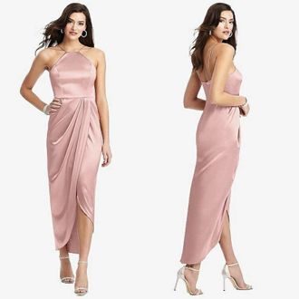 After Six Bow Halter Neck Stretch Satin Gown - Desert Rose