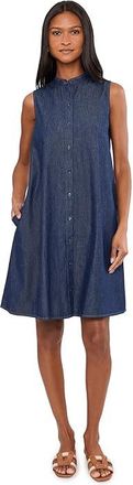 Eileen Fisher Lightweight Organic Cotton Denim Mandarin Collar Dress Womens Dress Dark Indigo : XL