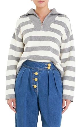 English Factory Stripe Half Zip Crop Sweater in Grey/Ivory at Nordstrom, Size X-Small