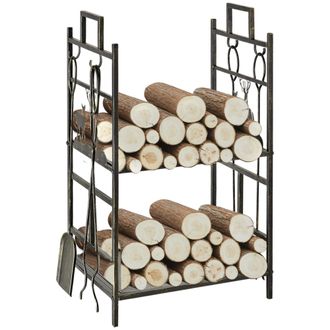 OEM Soporte Para Le&ntilde;a De Metal Con 4 Herramientas Y Asas Para Interior Y Exterior 51,5x33x77 Cm Negro Dorado