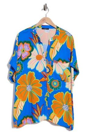 T Tahari Elbow Sleeve Button-Up Shirt in Blue Rose Floral Print at Nordstrom Rack, Size 3X