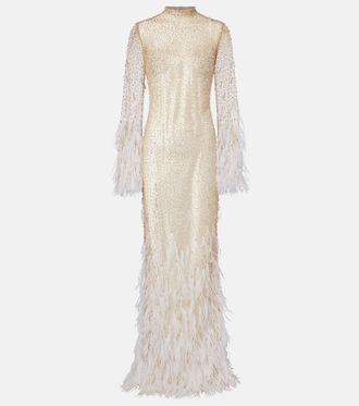 Clio Peppiatt Mia embellished feather-trimmed tulle gown