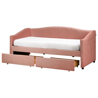 Beliani Cama Con Almacenaje 90 X 200 Tama&ntilde;o Individual Tapizado Poli&eacute;ster Somier Madera Eucalipto Cajones Contrachapado Moderno Rosa Vittel