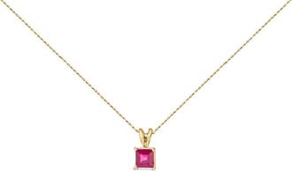 House of Brilliance 14K Yellow Gold 5x5 MM Square Shaped Red Ruby Solitaire Pendant Necklace