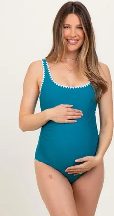 Pinkblush Embroidered Trim Back Cutout One Piece Swimsuit in Teal at Nordstrom, Size Medium