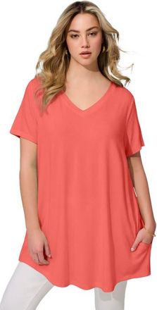 Roaman's Ultra Drape V Neck Short Sleeve Swing Tunic in Sunset Coral at Nordstrom, Size 28