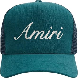 Amiri Mens Script Logo Teal Blue Trucker Hat Cotton - One Size
