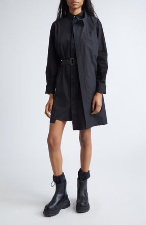 sacai Belted Long Sleeve Poplin Shirtdress in Black at Nordstrom, Size 1