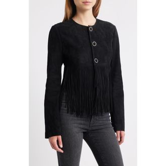 Frame Denim The Saddle Suede Fringe Jacket in Black at Nordstrom Rack, Size 12