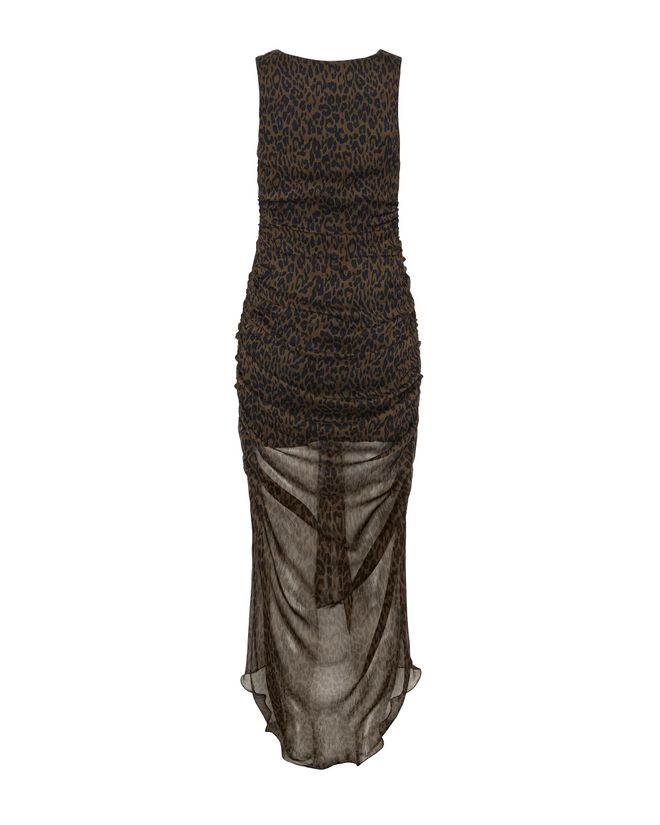Ruched Leopard-Print Overlay Dress - Brown