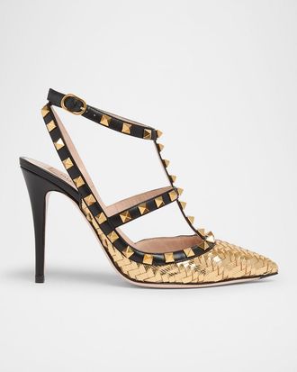 Valentino Garavani 100mm Rockstud Intreccio Metallic Leather Ankle-Strap Pumps