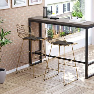 HOMCOM Modern Counter Height Bar Stools Set of 2 pcs Wire Metal Barstools in Gold
