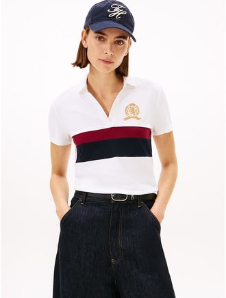 Tommy Hilfiger Womens Block Stripe Crest Stretch Pique Polo - White - XXL
