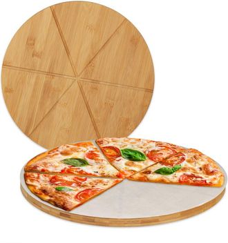 Relaxdays Relaxdays - 8x Taglieri per Pizza di Bamb&ugrave; in Set da 8, Piatti Tondi &oslash; 33cm, Carta da Forno Inclusa, Scanalature, naturale