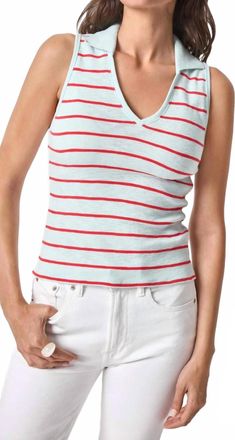 Lilla P Striped Sleeveless Collared Top In Seabreeze Stripe