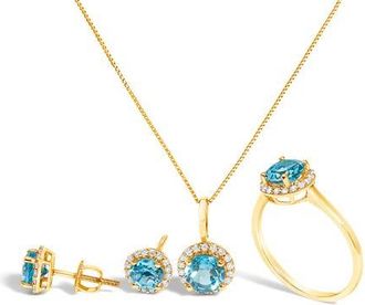 House of Brilliance 10K Gold Gemstone and 3/8 Cttw Diamond Halo Jewelry Set in Yellow | Blue Topaz at Nordstrom