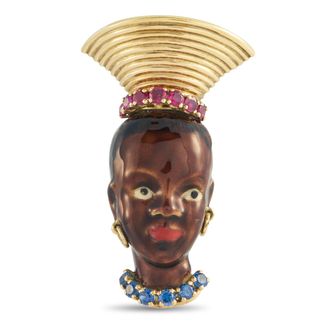 Luxury Bazaar 18K Yellow Gold Sapphire, Ruby, and Enamel French Blackamoor Brooch MF11-050726