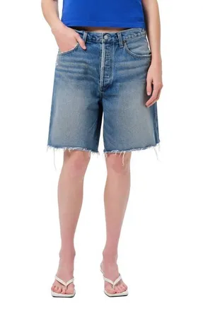 A Gold E Indra Long High Waist Cutoff Denim Shorts in Journal Md Marbled Ind at Nordstrom, Size 26