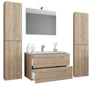 ebuy24 Ebuy24 - Vcm 5pcs Lavabo Lavabo Gabinete Inferior Ancho 60 Cm Muebles De Ba&ntilde;o Conjunto Con Cajones Espejo De Puertas Giratorias Badinos (sonoma Oak)
