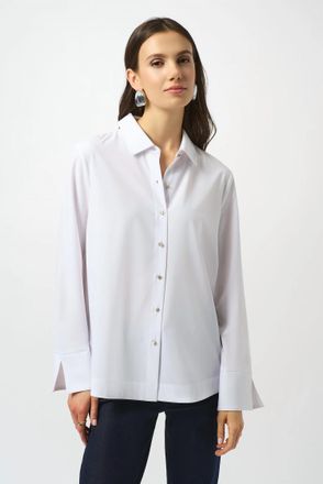 Joseph Ribkoff Poplin Button-Front Back Slit 3/4 Sleeves Top In White
