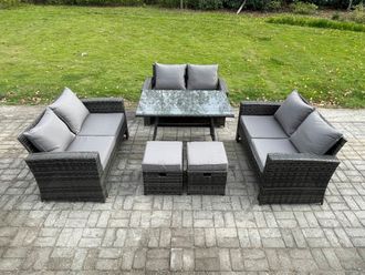 Fimous Outdoor Lounge Sofa Set Wicker PE Rattan Garden Furniture Set with Rectangular Dining Table 2 Seat Sofa in Dark Grey