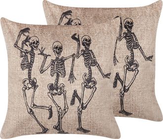 Beliani Conjunto De 2 Cojines De Terciopelo Beige Negro 45 X 45 Cm Esqueleto Mortesti