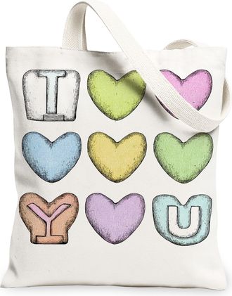 Generic Heart Pattern Canvas Tote Bags, Colorful Reusable Grocery Bags, Spring Vintage Lightweight Washable Shoulder Strap for Trav, White, 13x15 Inch