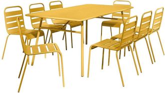 Vente-Unique Comedor de jard&iacute;n de metal - Mesa L.200 cm y 8 sillas apilables - Amarillo mostaza - MIRMANDE de MYLIA