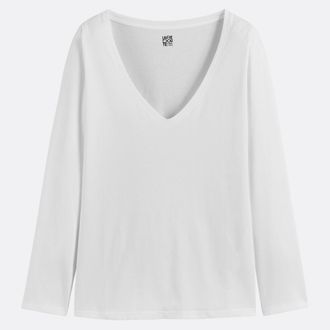 La Redoute Collections Katoenen T-shirt, V-hals, lange mouwen