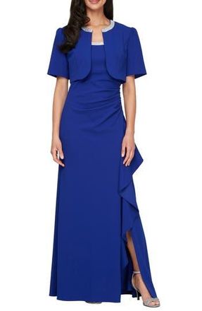 Alex Evenings Bead Detail Stretch Crepe Gown with Bolero Jacket in Royal at Nordstrom Rack, Size 8
