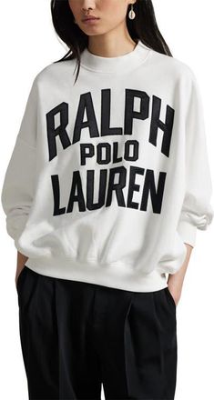 Polo Ralph Lauren Satin Logo Cotton Blend Fleece Sweatshirt in White at Nordstrom, Size Xx-Small
